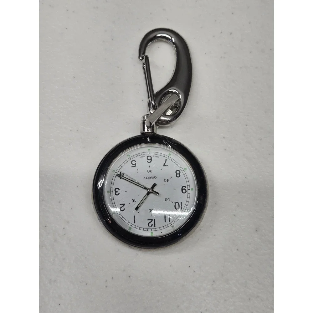 Silver Tone Carabiner Clip Watch White Dial Japan Quartz Movement Nurse Hiker